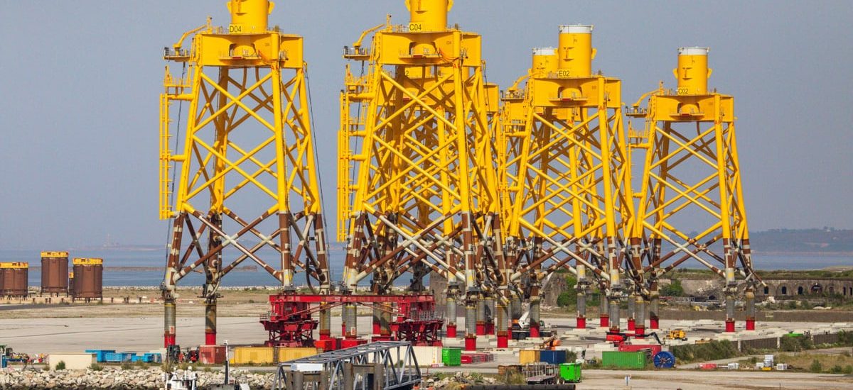 Yellow structures in Cherbourg port, showcasing marine industrial installations in Normandy, France